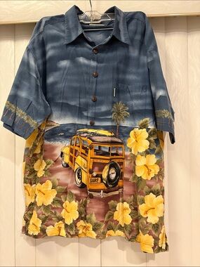 Men's Casual Blue Hawaiian Surf Print Button-Down Shirt